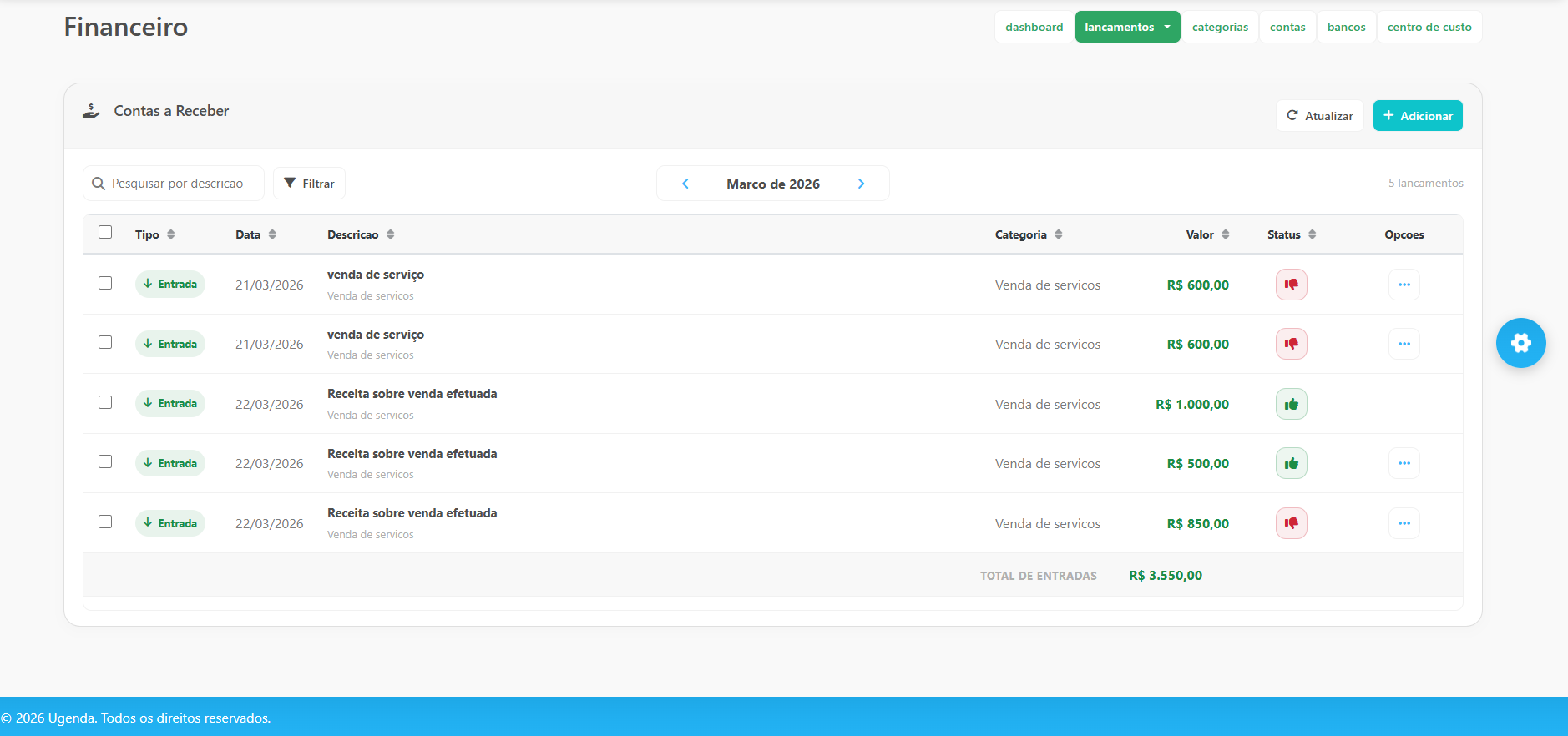 Tela de contas a receber