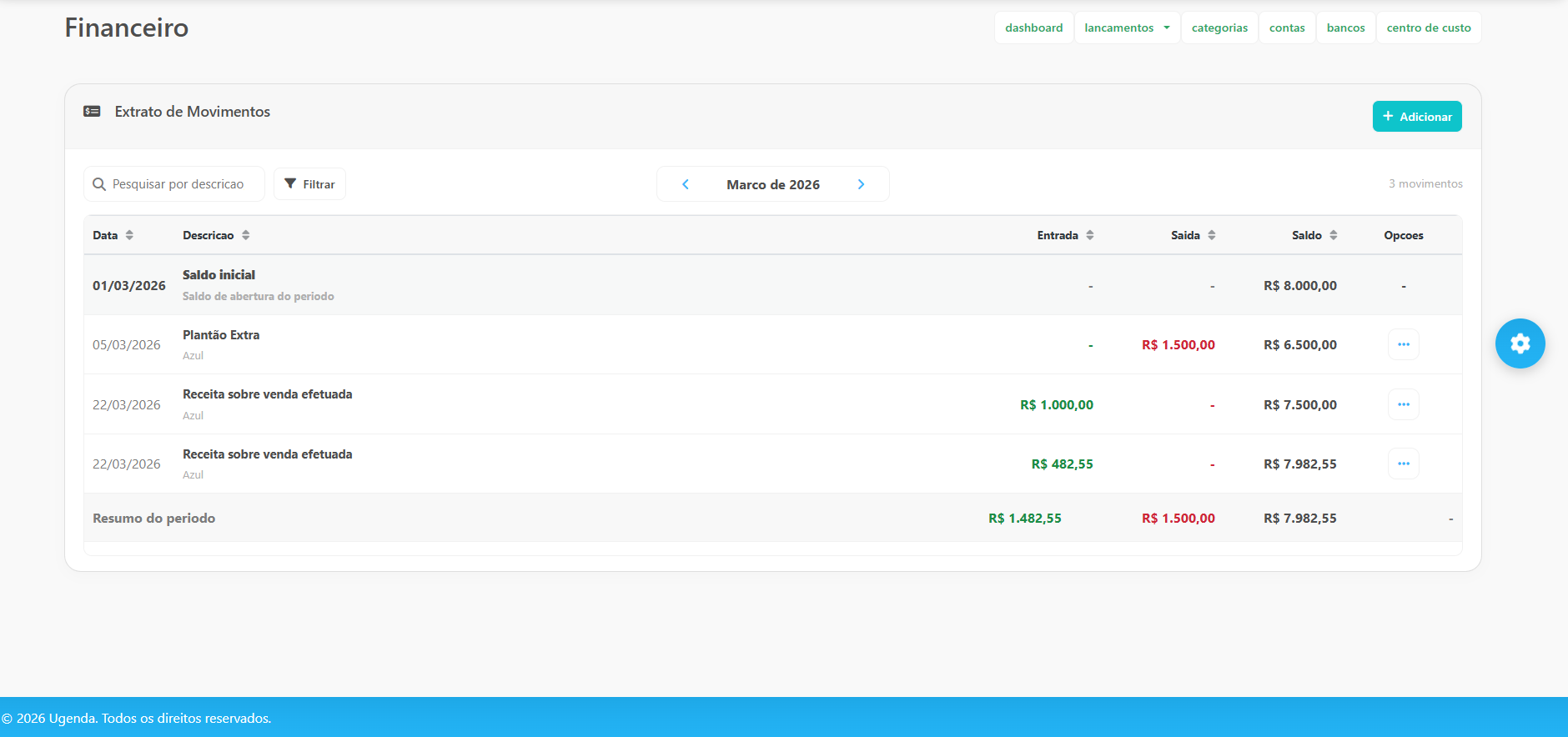 Tela de extrato financeiro